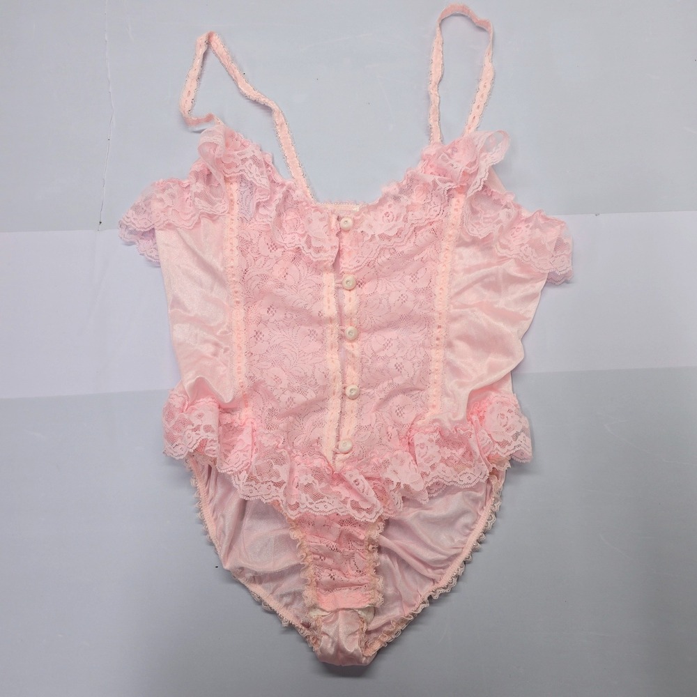 Vintage Pink Lace‎ Ruffle Bodysuit Teddy Lingerie Medium 90s